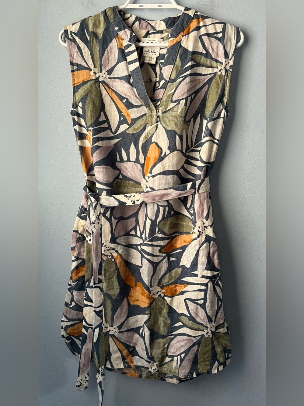 Nicole Miller NY 100% Linen Green Tropical Sleeveless Dress Pockets Tie Size XS